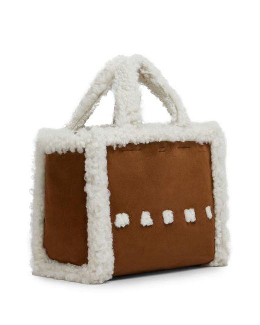 Marni Brown Shearling-Trimmed Leather Tote Bag