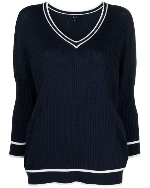Fay Blue V-neck Cable-knitted Jumper