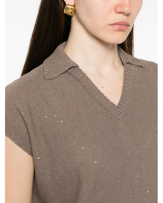 Panicale Brown Sequin-Embellished V-Neck Top