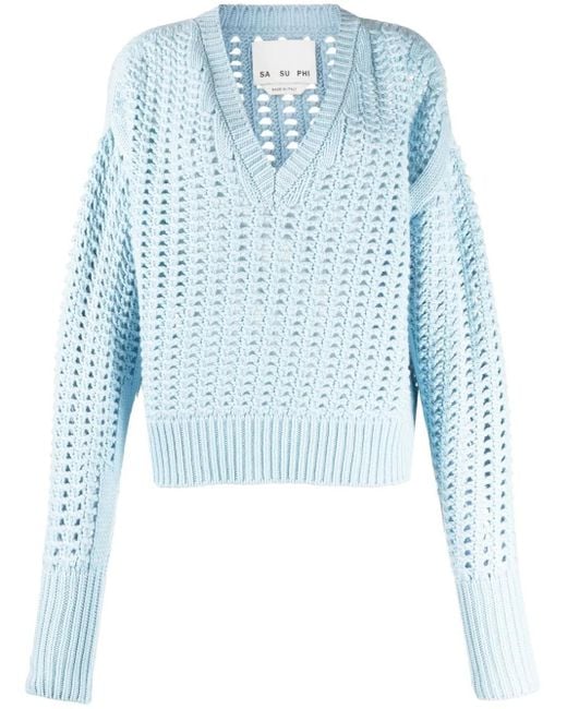 Pull En Maille Ajourée À Col V Sa Su Phi en coloris Blue