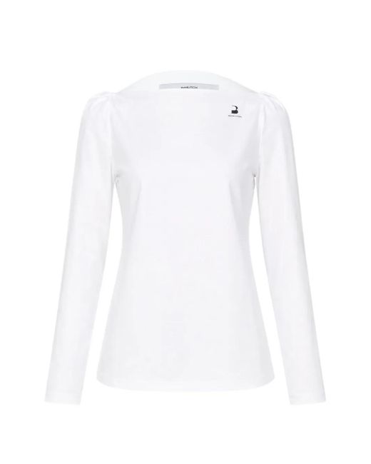 Pushbutton White Puff-Shoulder Straight-Neck T-Shirt