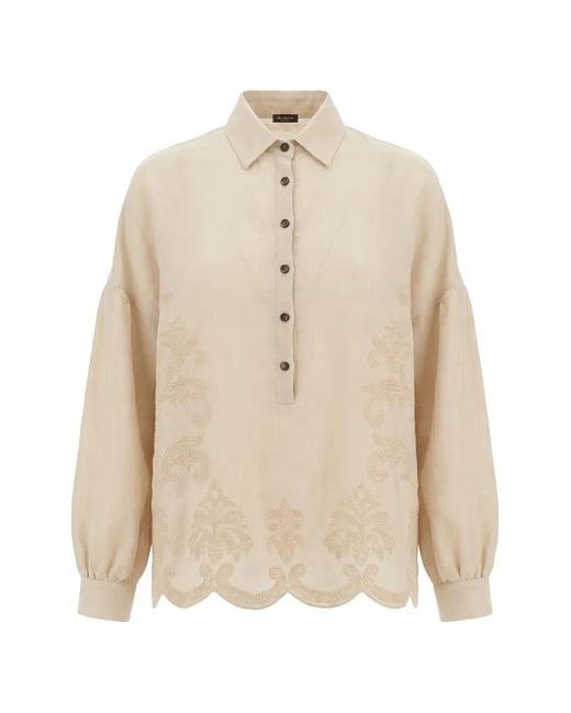 Kiton Natural Embroidered Scalloped-Hem Blouse