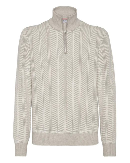 Brunello Cucinelli Trui Met Visgraatpatroon En Halve Rits in het White voor heren