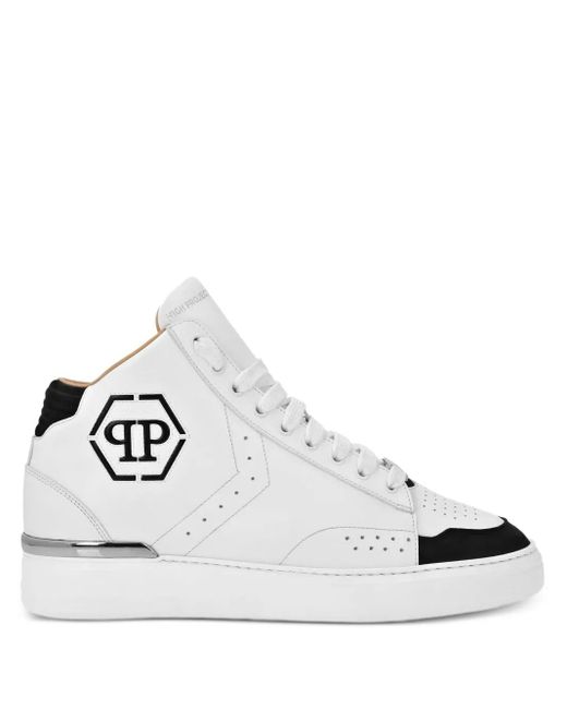 Philipp Plein White Hexagon Leather Sneakers