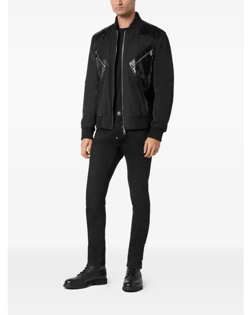 Philipp Plein Black Python-Leather-Panelled Bomber Jacket for men