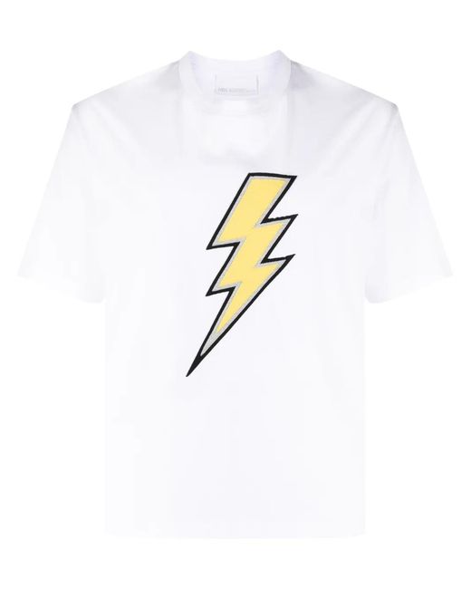 Neil Barrett White Thunderbolt-Embroidered Cotton T-Shirt for men