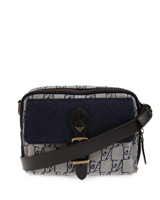 Emporio Armani Black Monogram-Print Buckled Messenger Bag for men