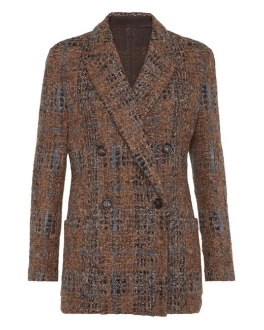 Brunello Cucinelli Brown Double-Breasted Checked Blazer