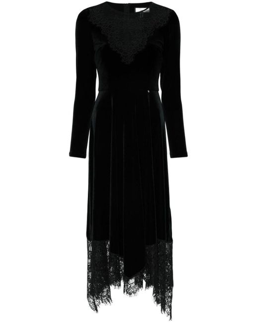 Nissa Black Floral-lace Velvet Midi Dress