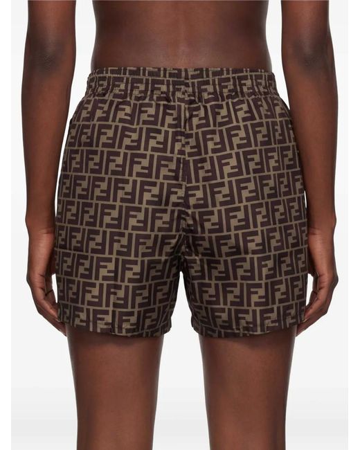 Fendi Brown Logo-Pattern Swim Shorts for men