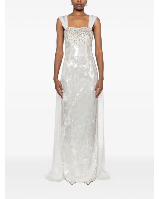 Dina Melwani White Crystal-Embellished Sequinned Maxi Gown Dress