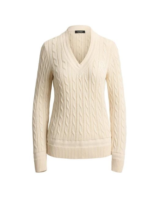 Ralph Lauren Natural Cable-Knit Monogram-Embroidered Sweater