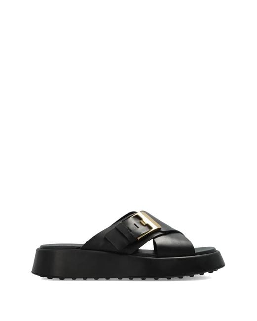 Tod's Black Leather Slides With Logo