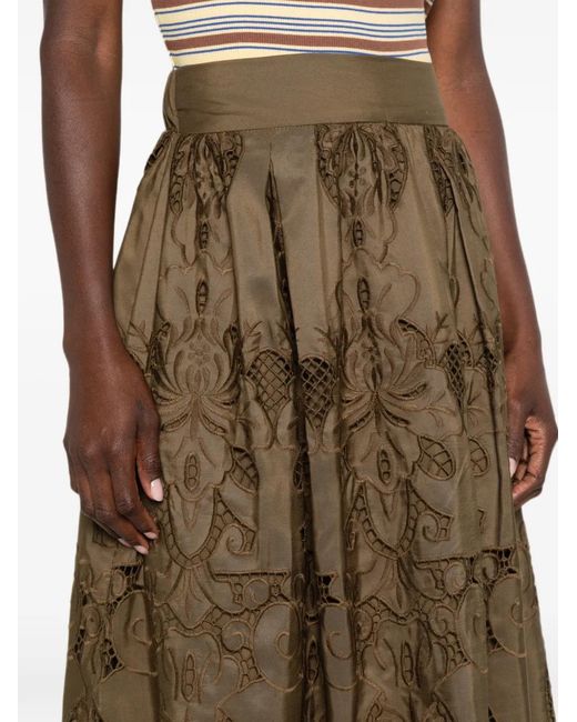 MOUTAKI Green Broderie-Anglaise Flared Midi Skirt