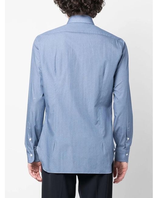 Barba Napoli Blue Geometric-Pattern Cotton Shirt for men