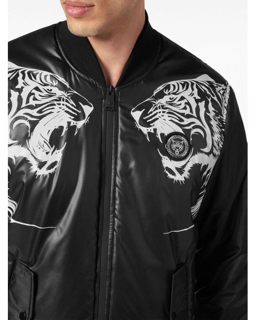 Philipp Plein Black Tiger-Print Zipped Bomber Jacket for men