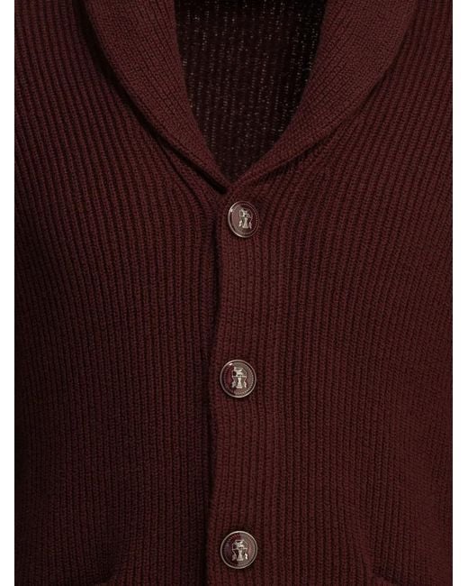 Brunello Cucinelli Red Shawl-Collar Ribbed-Knit Cardigan for men