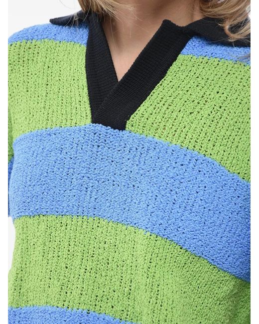 Sunnei Green Striped Polo-Collar Top