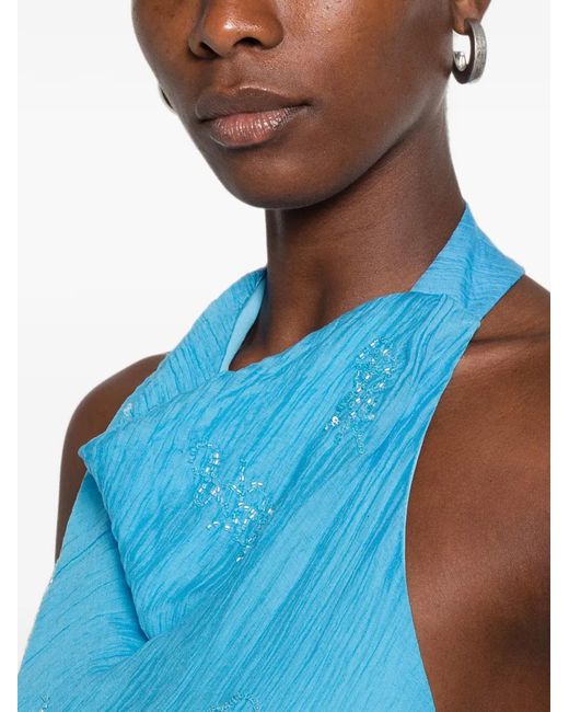 Staud Blue Roselle Beaded Halterneck Maxi Dress