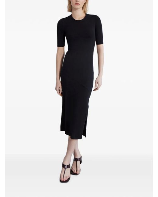 Another Tomorrow Black Elbow-Sleeve Midi Dress