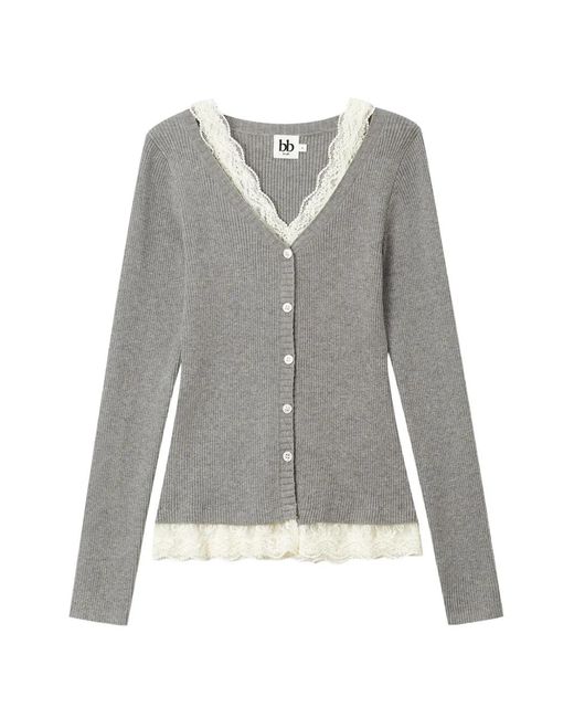 B+ AB Gray Lace-Trim Ribbed Cardigan