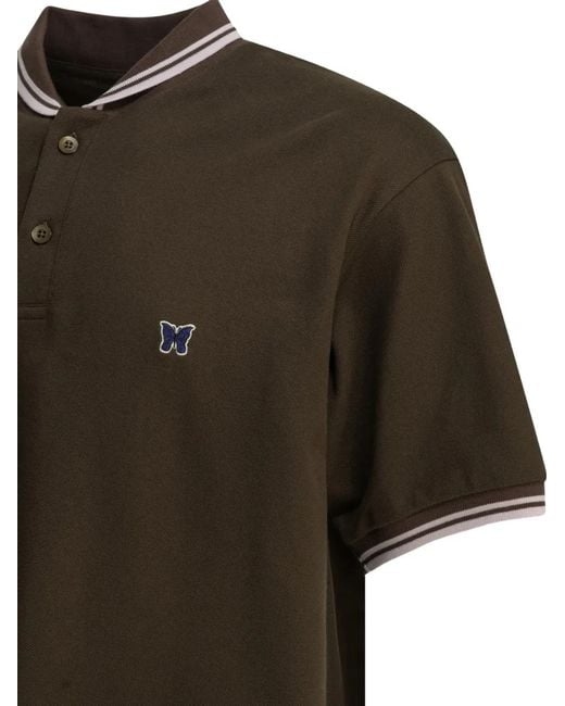 Needles Green Embroidered-Logo Striped-Trim Polo Shirt for men