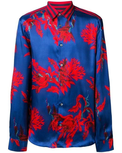 Roberto Cavalli Blue Opium Snake Floral Print Satin Shirt for men