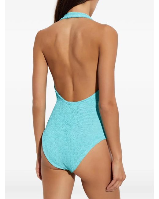 Hunza G Blue Sandy Crinkle-Effect Halterneck Swimsuit