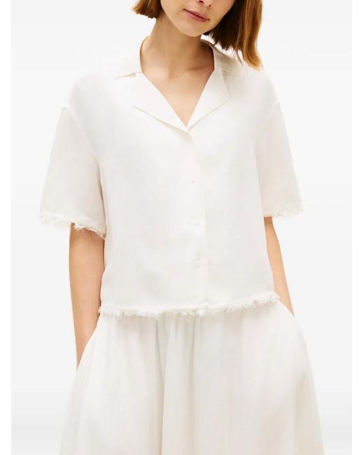 Tommy Hilfiger White Frayed-Edge Camp-Collar Blouse