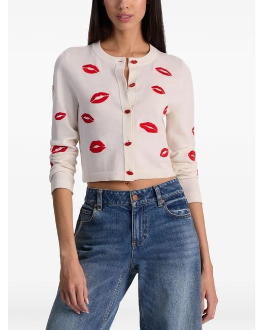 Alice + Olivia White Daroda Lips-Print Cardigan