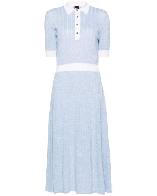 Boss Blue Polo-collar Fine-knit Dress