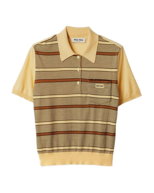 Miu Miu Natural Gestreiftes Poloshirt Mit Intarsien-Logo