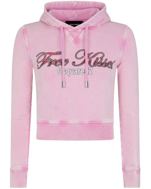 DSquared² Pink Slogan-print Cropped Cotton Hoodie