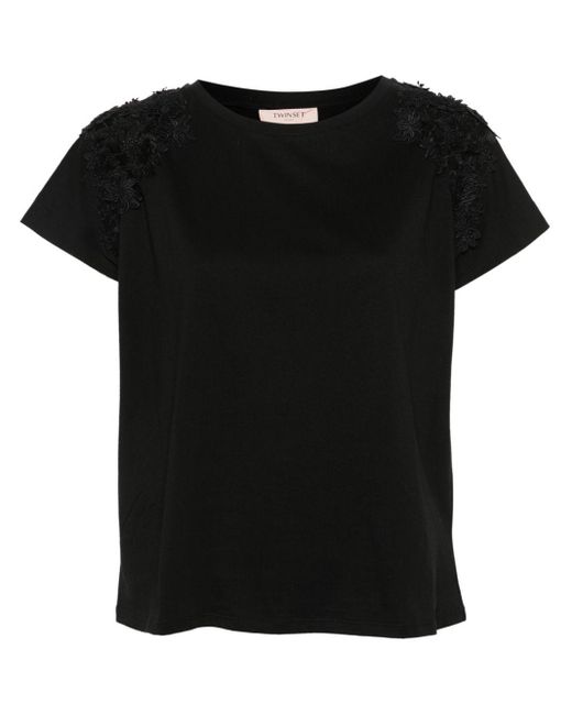Twin Set Black Floral-appliqué Cotton T-shirt