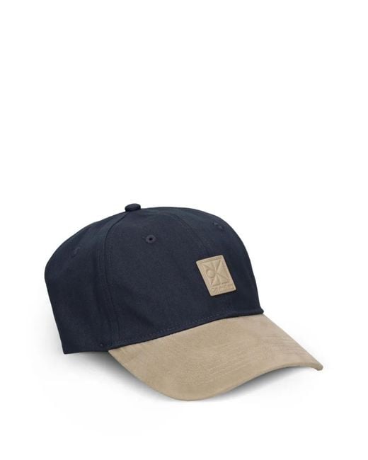 Calvin Klein Blue Mixed Media Colourblock Logo-Patch Baseball Cap for men