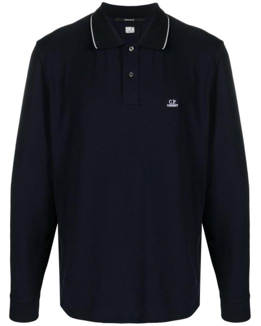 C P Company Blue Logo-patch Long-sleeve Polo Shirt for men