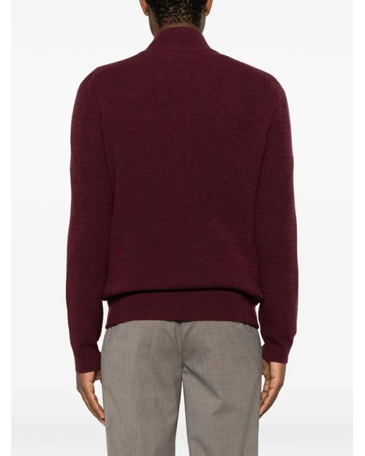 Canali Purple Zip-Up Ribbed-Knit Sweater for men