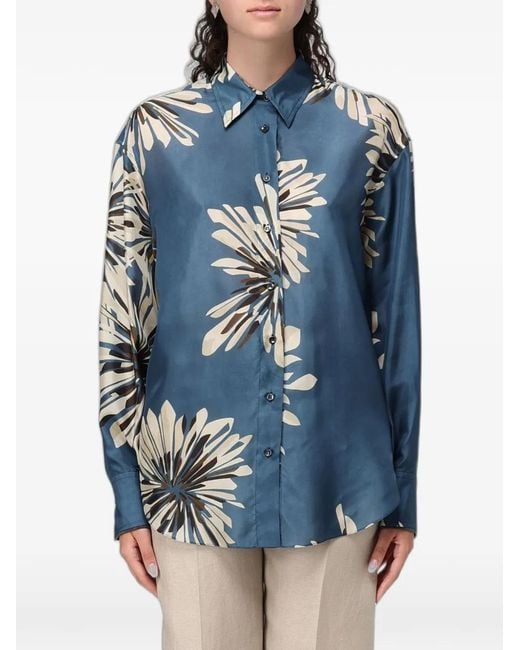 Brunello Cucinelli Blue Floral-Print Silk Shirt
