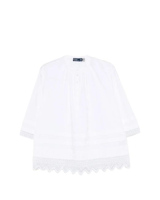 Polo Ralph Lauren White Blouse Carlton Bordée De Dentelle