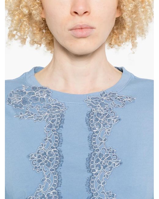 ERMANNO FIRENZE Blue Lace-Trim Embroidered T-Shirt