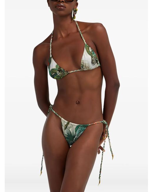 Roberto Cavalli Green Snake-Print Tie-Side Bikini Bottom
