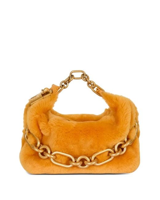 Balmain Orange Mini Sync Tote Bag Aus Shearling