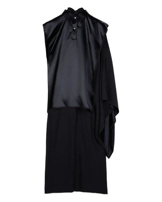 Ports 1961 Black Satin-Paneled Draped Midi Dress