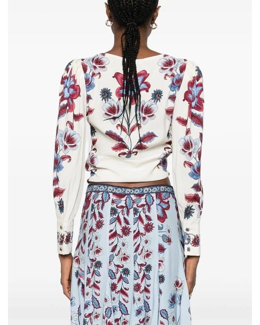 Farm Rio White Floral-print V-neck Blouse