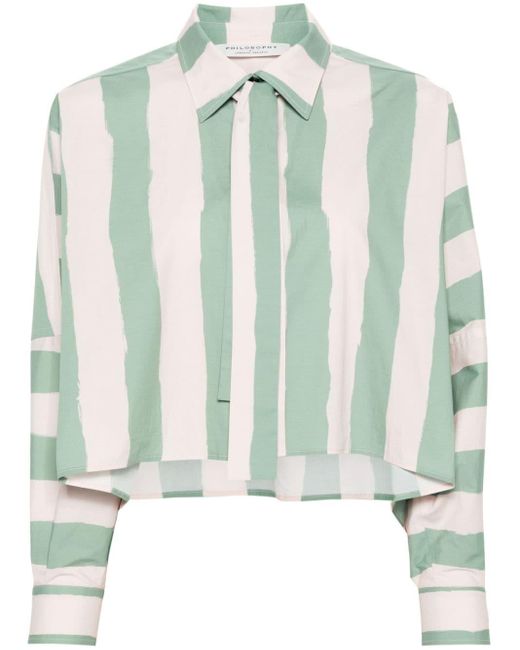 Philosophy Di Lorenzo Serafini Green Striped Cropped Poplin Shirt