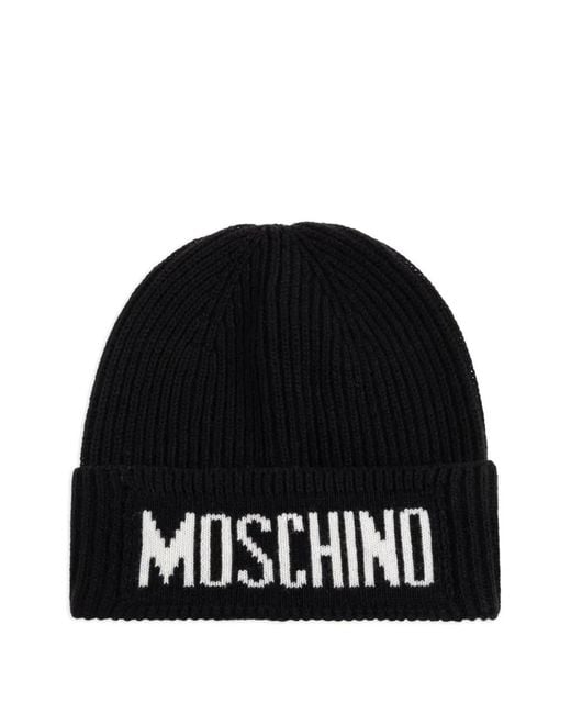 Moschino Black Ribbed Logo-Detailed Beanie