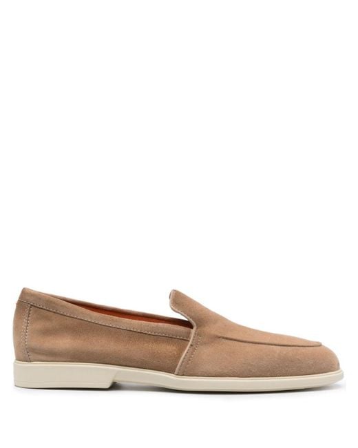 Santoni Brown Almond Suede Loafers for men