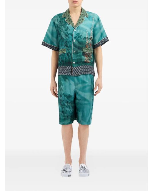 Pierre Louis Mascia Green Landscape-Print Short-Sleeved Shirt