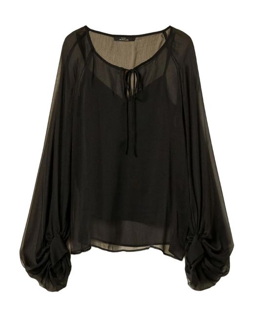 Twinset Black Tie-Neck Balloon-Sleeve Voile Blouse
