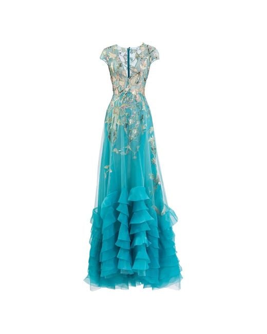 Saiid Kobeisy Blue Ruffled Floral Maxi Dress